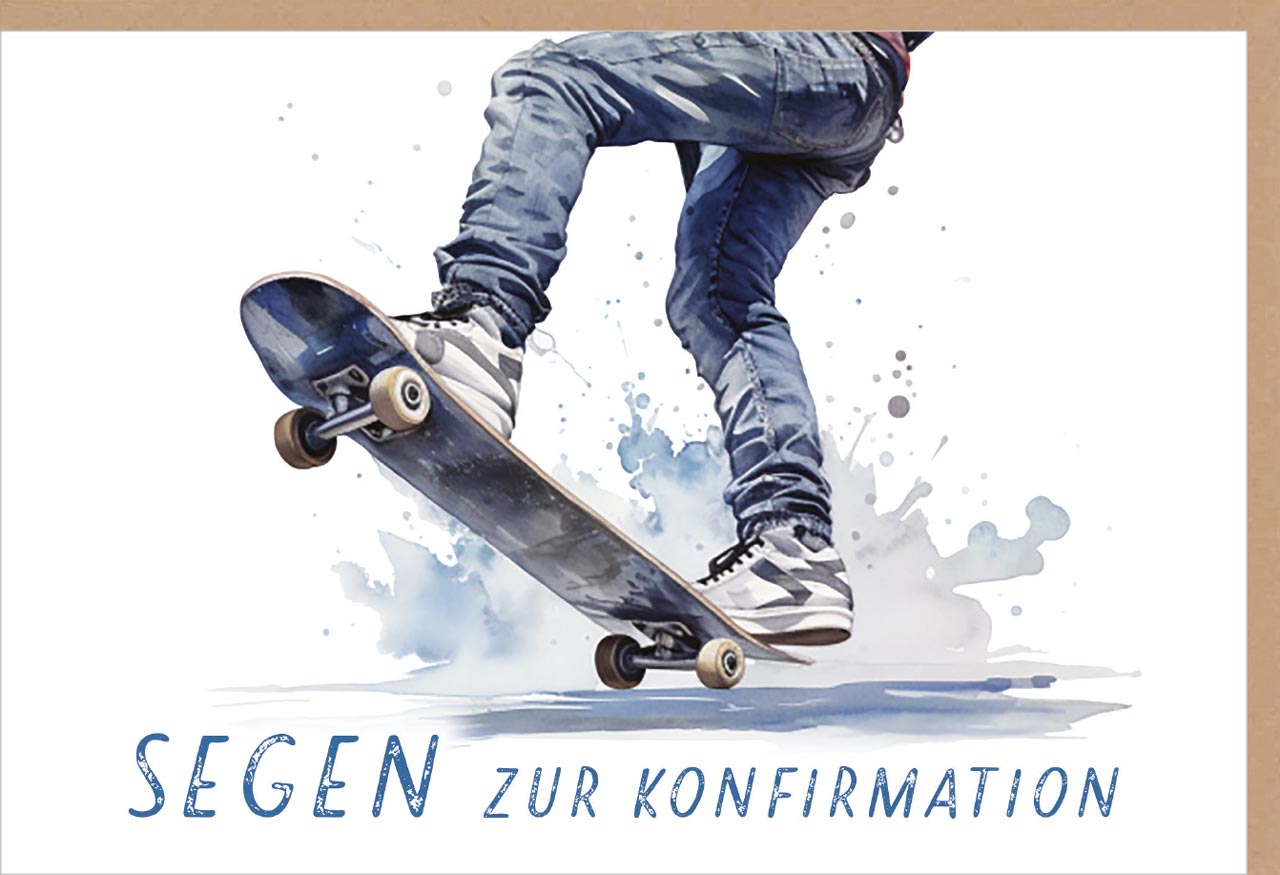 Faltkarte Segen zur Konfirmation - Skateboard blau -  Anlass: Konfirmation (17 x 11,5 cm)