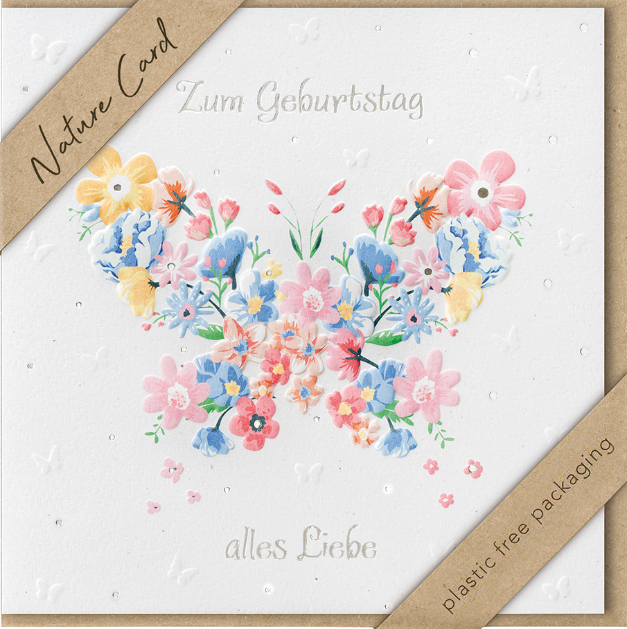 Faltkarte Blütenschmetterling -  Anlass: Geburtstag (15,5 x 15,5 cm)