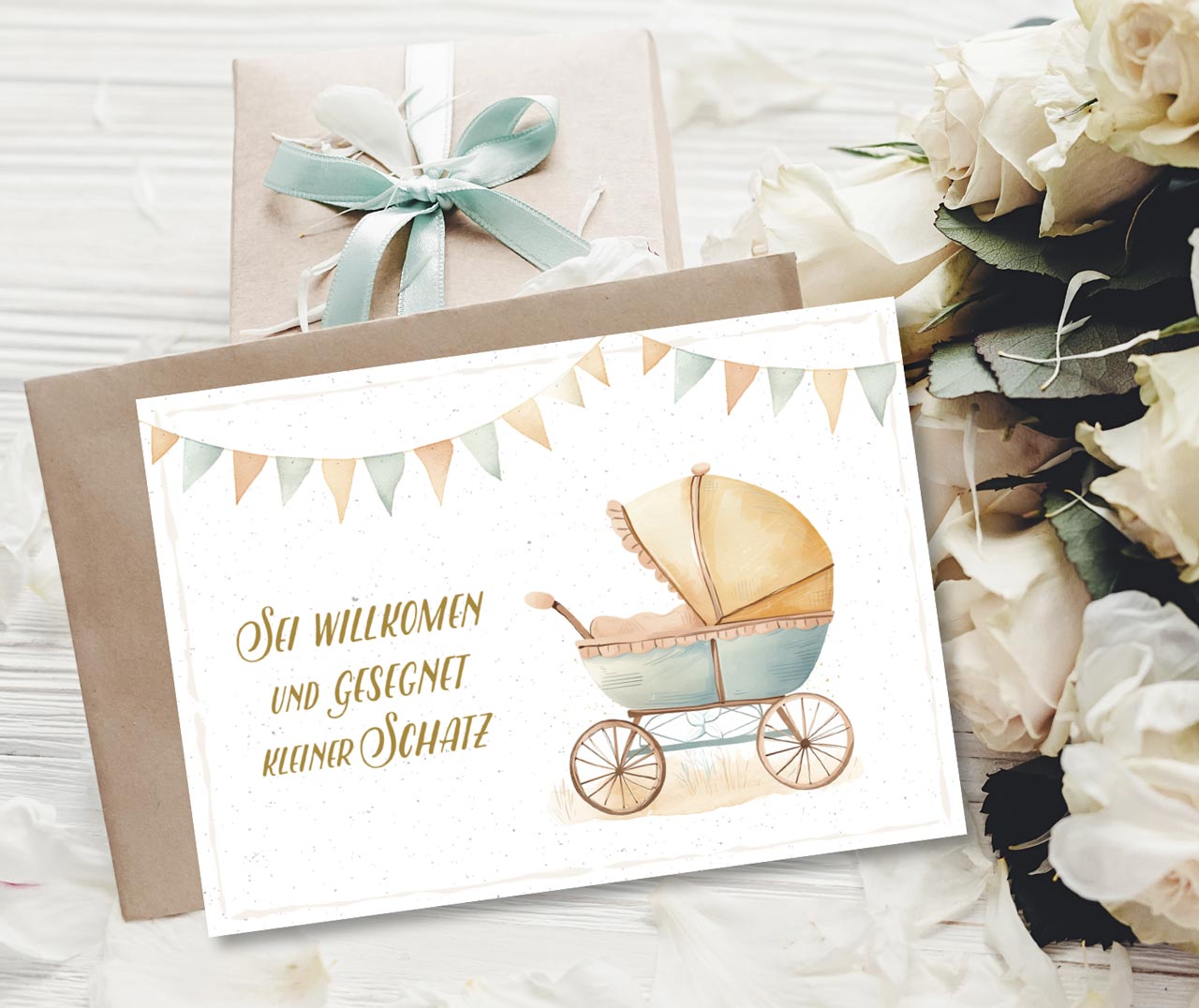 Faltkarte Kinderwagen -  Anlass: Geburt (17 x 12 cm)