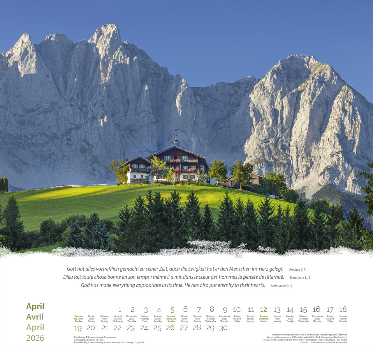 Berge-Montagnes-Mountains 2026 - Wandkalender