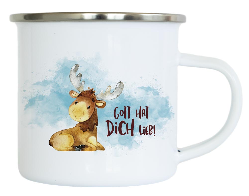 Emaille-Becher Gott hat dich lieb / Elch -  (9 x 8 x 9 cm)