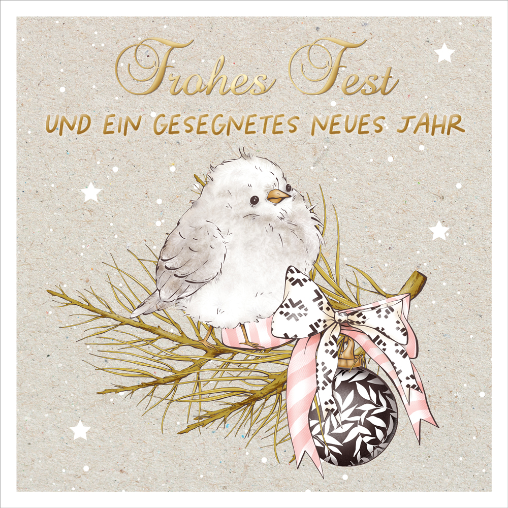 Faltkarte Vogel auf Zweig -  Anlass: Weihnachten (15,5 x 15,5 cm)