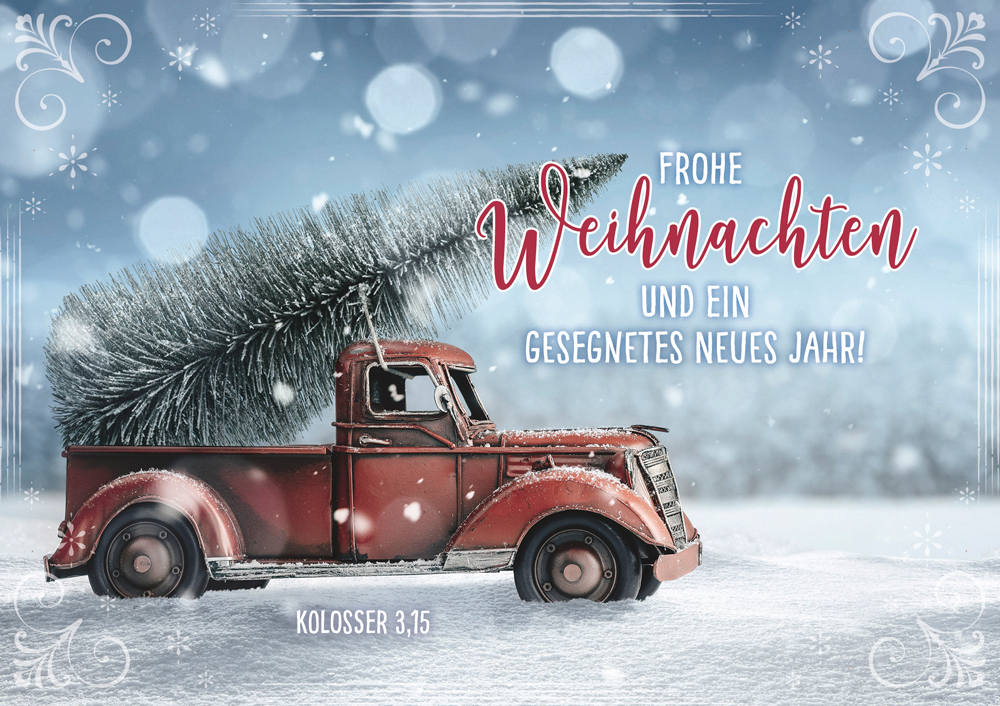 Faltkarte Pickup mit Tannenbaum -  Anlass: Weihnachten (17 x 11,5 cm)