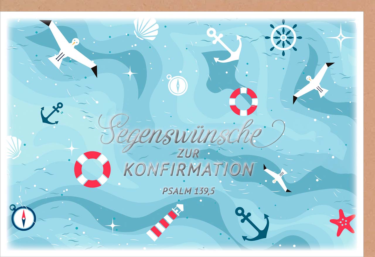 Faltkarte Möve, Anker, Rettungsring - Konfi -  Anlass: Konfirmation (17 x 11,5 cm)