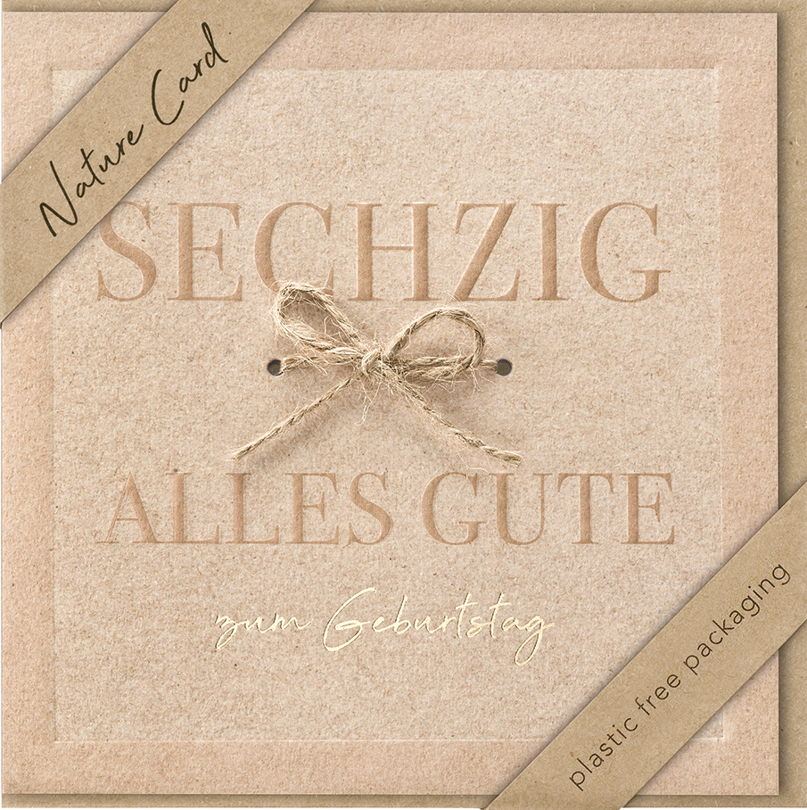 Faltkarte Sechzig Bastschleife -  Anlass: Geburtstag (15,5 x 15,5 cm)