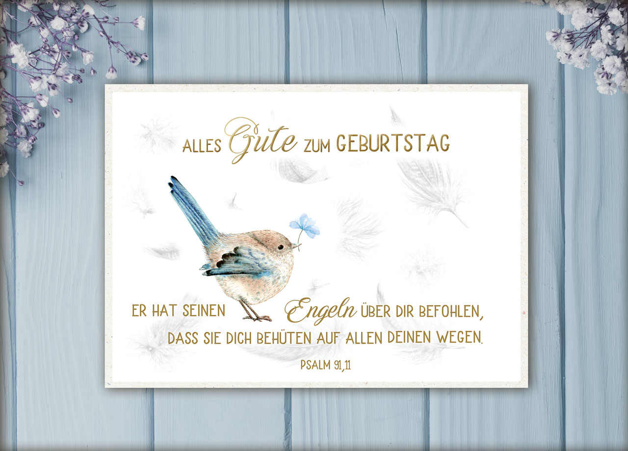 Postkarte Engeln befohlen - Vögelchen -  Anlass: Geburtstag (14,8 x 10,5 cm)