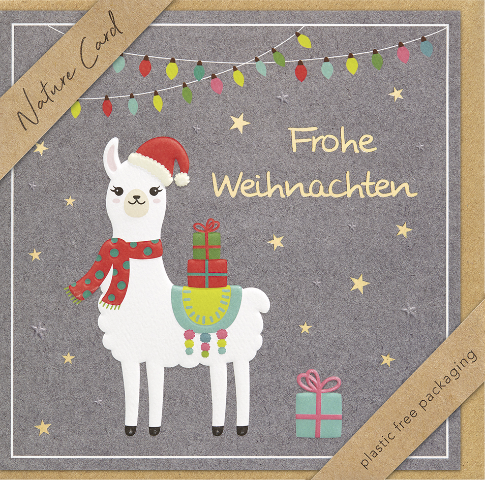 Faltkarte Lama mit Mütze und  Schal -  Anlass: Weihnachten (15,5 x 15,5 cm)