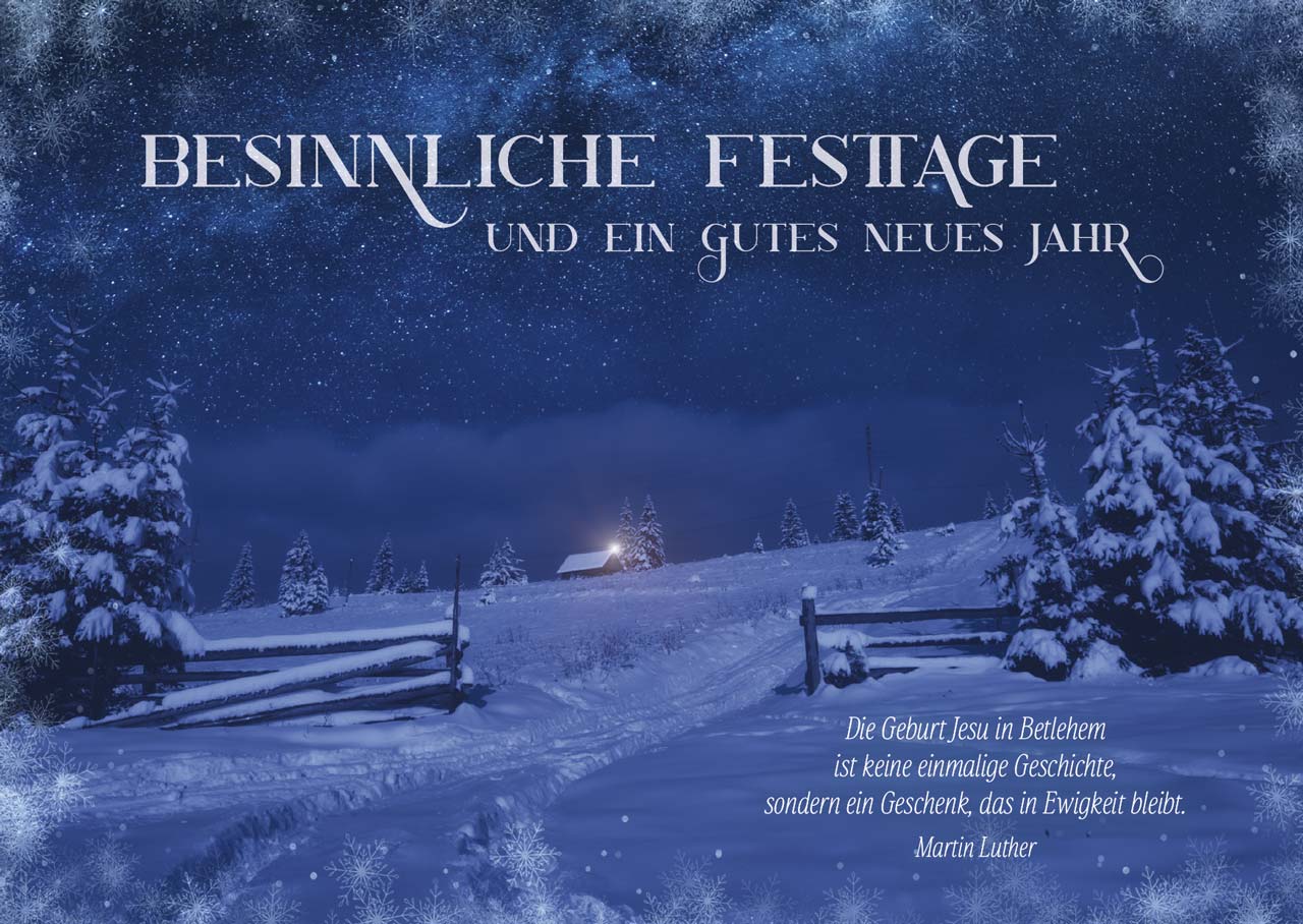 Postkarte Hütte in der Nacht -  Anlass: Weihnachten (14,8 x 10,5 cm)