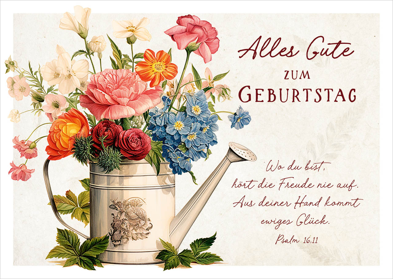 Postkarte Blumenstrauß in Giesskanne -  Anlass: Geburtstag (14,8 x 10,5 cm)