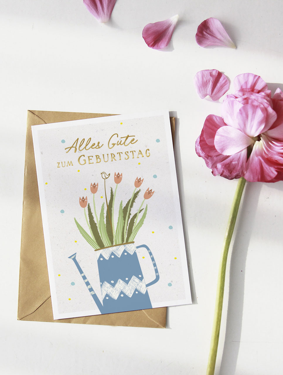 Faltkarte Gießkanne mit Blumen -  Anlass: Geburtstag (11,5 x 17 cm)