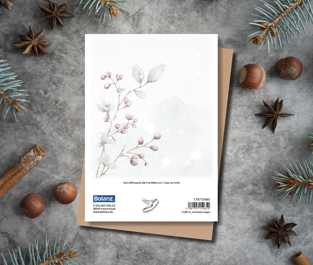 Faltkarte Weihnachten blassrote Beeren -  Anlass: Weihnachten (12 x 17 cm)