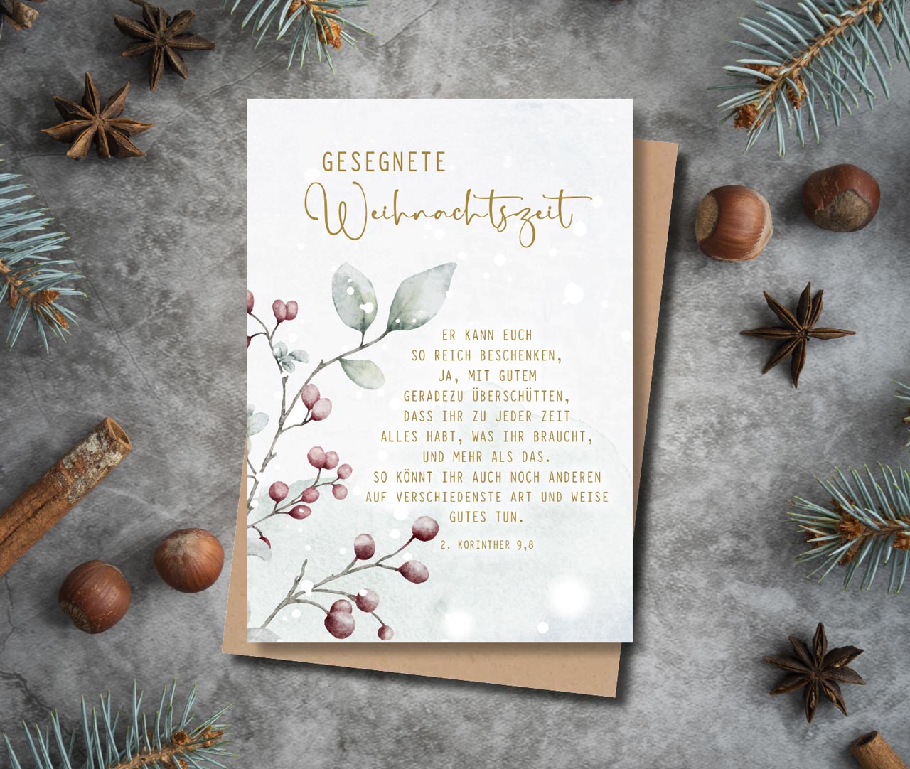 Faltkarte Weihnachten blassrote Beeren -  Anlass: Weihnachten (12 x 17 cm)