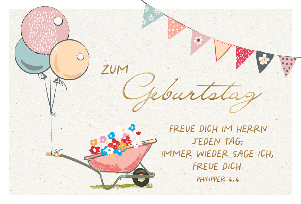 Faltkarte Luftballons an Schubkarre -  Anlass: Geburtstag (17 x 11,5 cm)