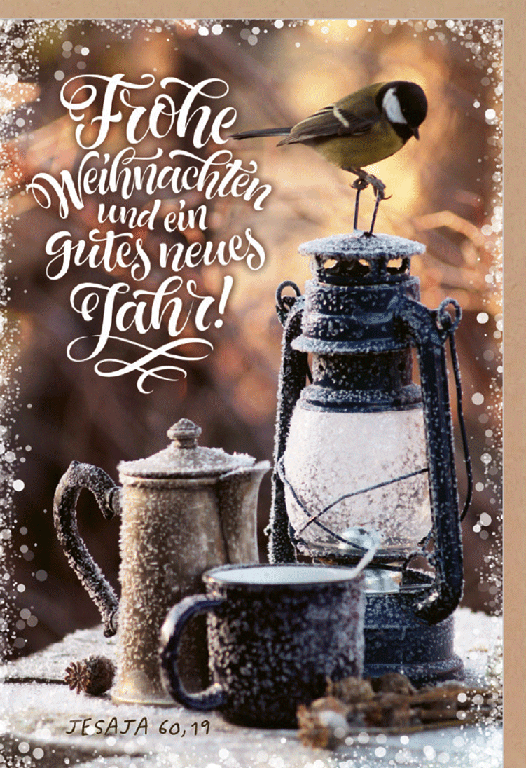 Faltkarte Meise auf Windlicht -  Anlass: Weihnachten (11,5 x 17 cm)