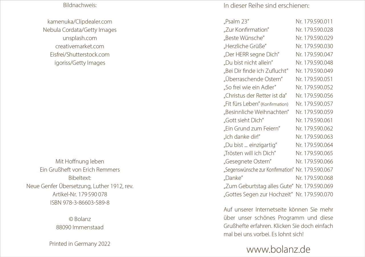 Grußheft - Mit Hoffnung leben -  Anlass: Trost Autor: Erich Remmers (10,5 x 14,8 cm)