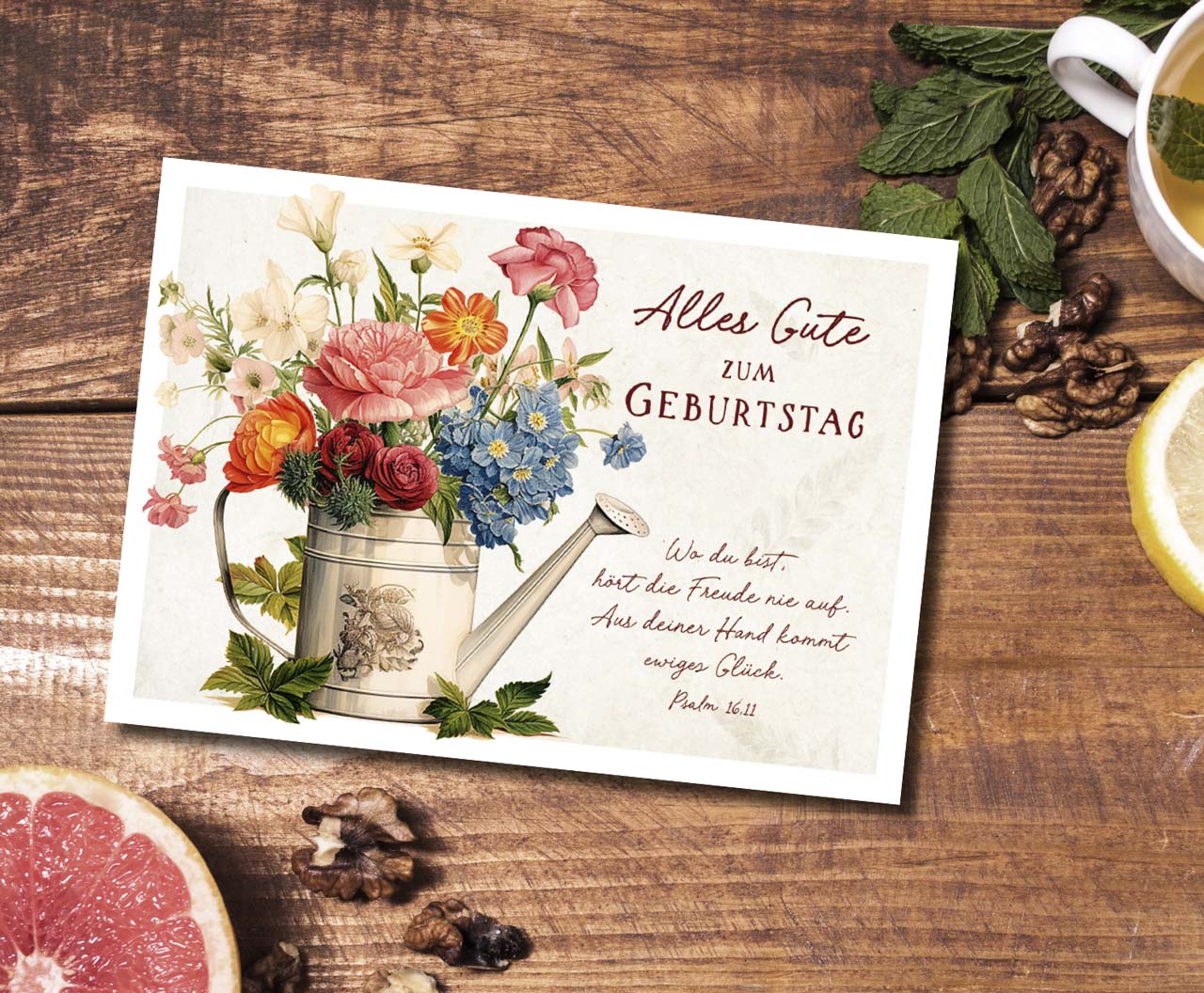Postkarte Blumenstrauß in Giesskanne -  Anlass: Geburtstag (14,8 x 10,5 cm)