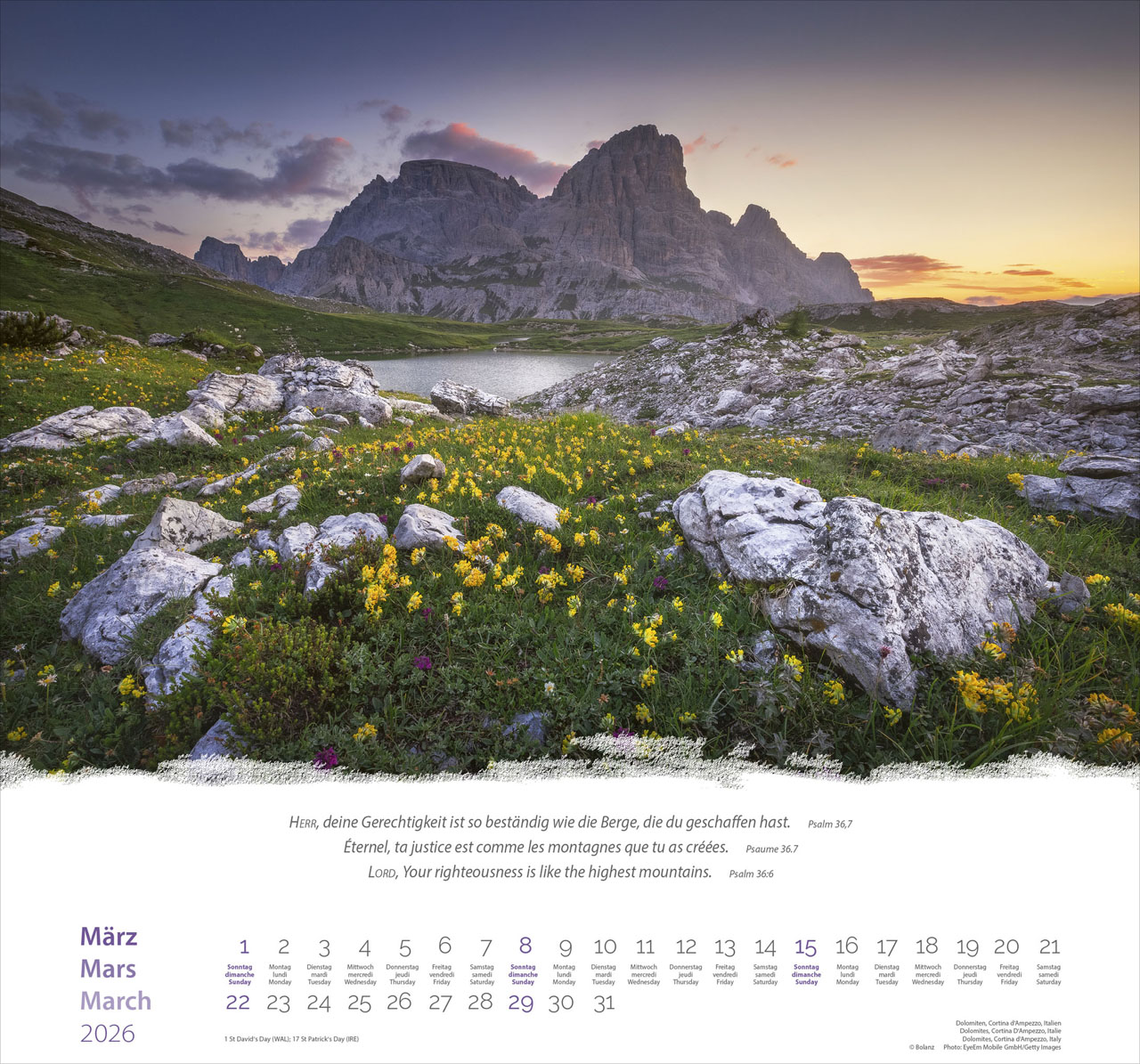 Berge-Montagnes-Mountains 2026 - Wandkalender